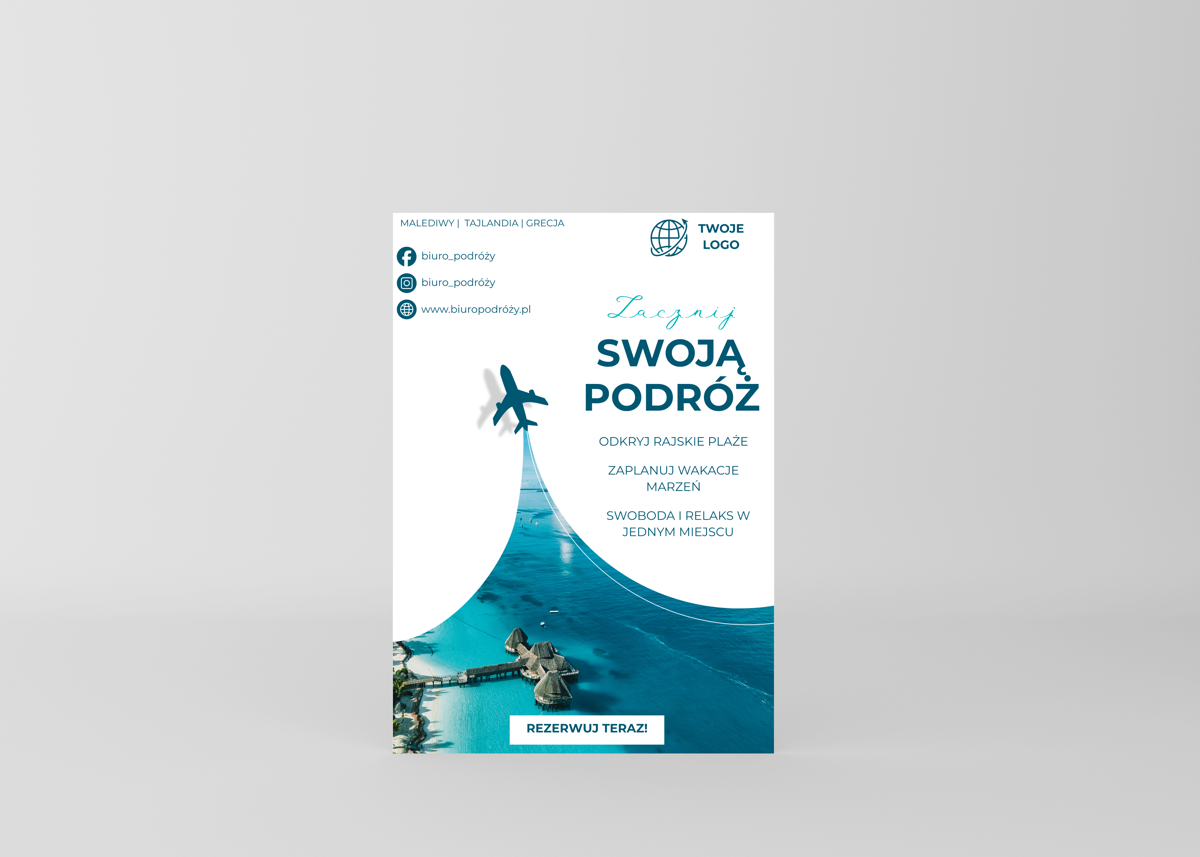 Estetyczna ulotka jednostronna zaprojektowana z myślą o biurach podróży. Nowoczesny wygląd, łatwa personalizacja i skuteczna prezentacja oferty turystycznej.